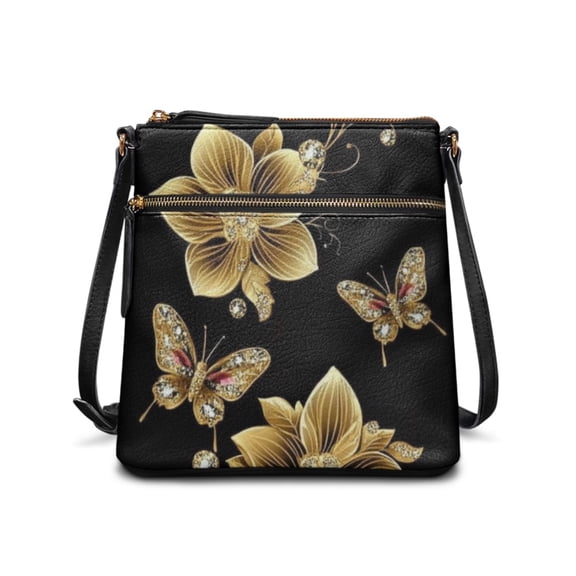 LedBack Butterfly Flower Crossbody Purse for Women Lady, Zipper Leather Shoulder Handbag PU Hobo Bag Cross Body Satchel Purse with Adjustable Strap for Shopping Work, Gold