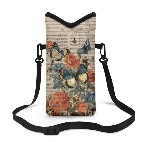 LedBack Butterfly Flower Print Cell Phone Pouch for Women Neoprene Cell Phone Sleeve Pouch Case with Adjustable Strap Small Cellphone Purse Bag, 8'' x 4'', Brown
