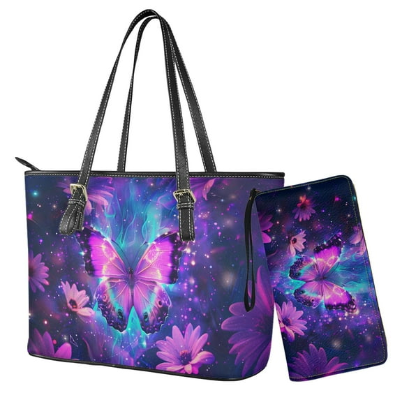 LedBack Butterfly Flower Print Handbag and Wallet Set for Women Leather Purses Top Handle Handbags with Matching Purse 2 Pcs Wallet and Purse Set, Purple