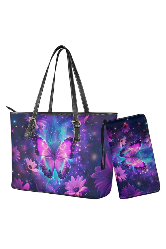 Butterfly Flower Print Handbag and Wallet Set for Women Leather Purses Top Handle Handbags with Matching Purse 2 Pcs Wallet and Purse Set, Purple
