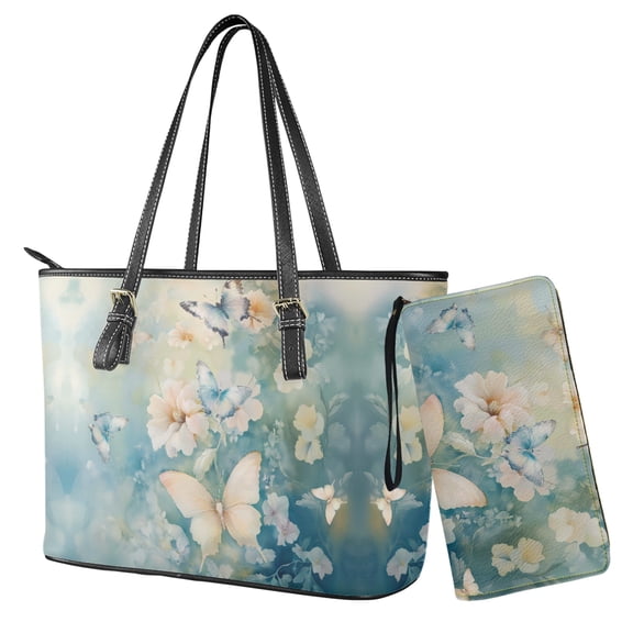 LedBack Butterfly Flower Print Top Handle Handbag with Wallet for Women Zipper Shoulder Purse with Strap Leather Wristlet Wallet Clutch Purses, Green