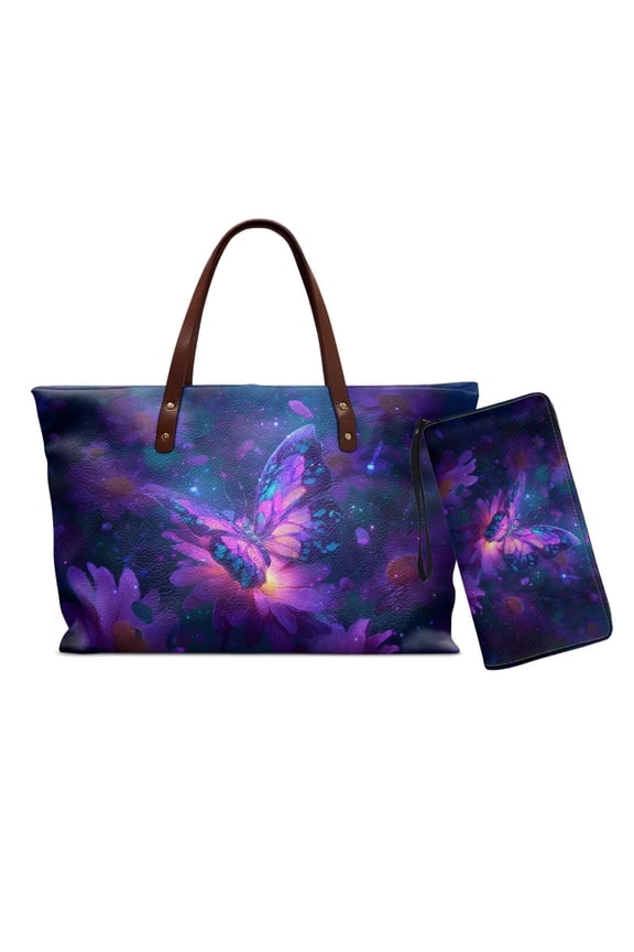 Butterfly Flower Printed Handbag and Wallet Set Waterproof Top Handle Tote Bag Shoulder Purse with Matching Wallet Lightweight Shoulder Bag Satchel Purses, Purple