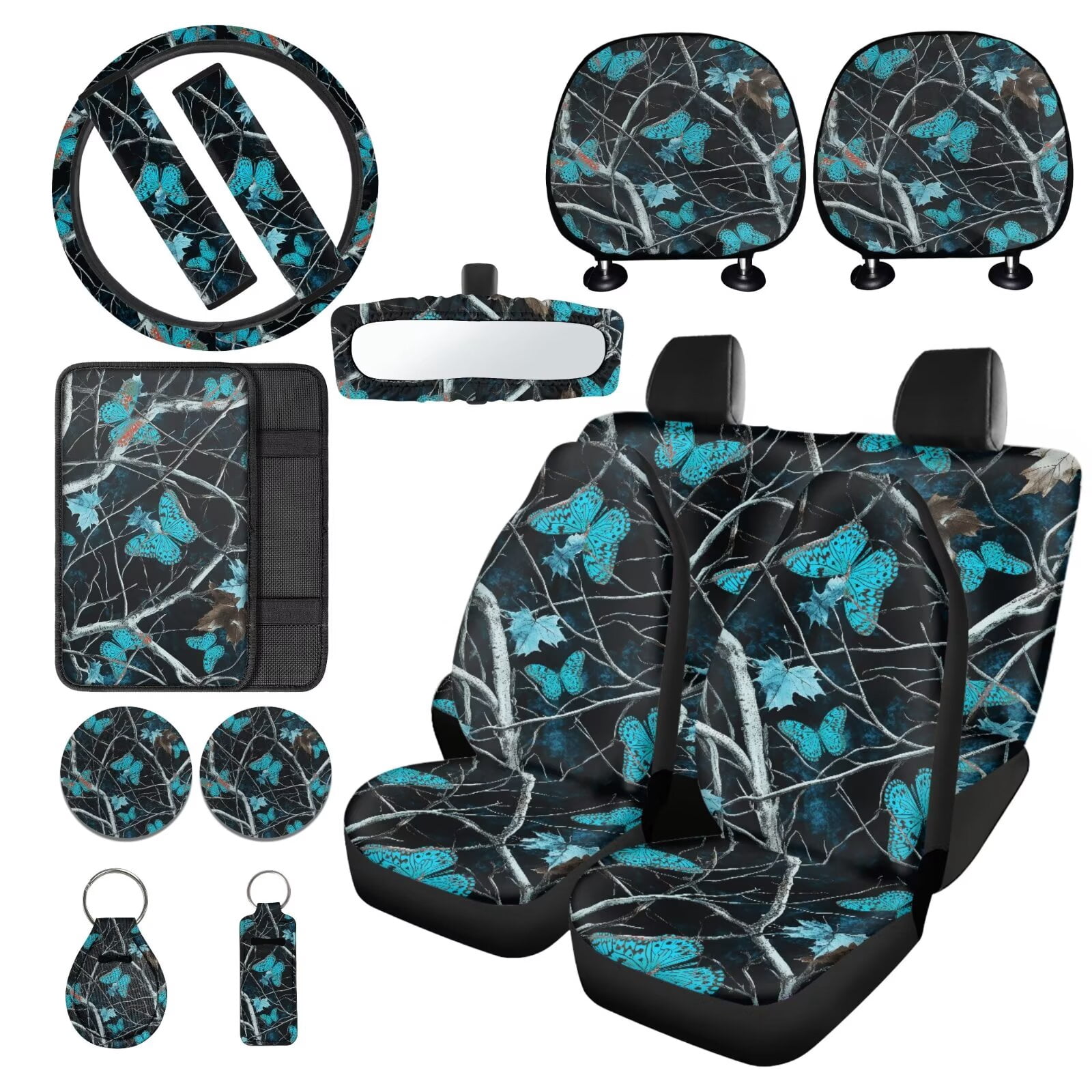 LedBack Butterfly Hunting Car Seat Cover Full Set with Car Armrest Pad Covers Non Slip Steering Wheel Covers Head Rest Covers for Cars Breathable Auto Seat Covers 15 PCS Car Accessories Set
