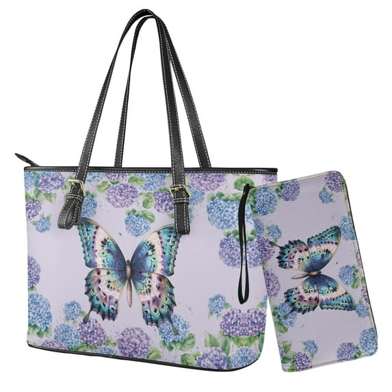 LedBack Butterfly Hydrangea Print Handbag and Purse Set Waterproof Top Handle Shoulder Bag with Matching Wallet Leather Totes Wallet and Purse Set, Purple
