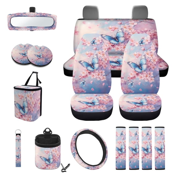 LedBack Butterfly Print Car Accessories Seat Covers Full Set Cherry Blossom Print Car Front Back Seat Covers Steering Wheel Cover Safety Belt Pads Garbage Bag Key Chain Cup Cushions