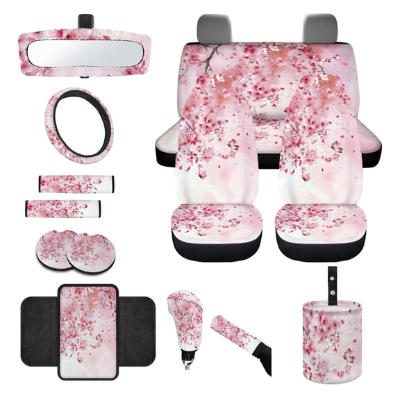 LedBack Butterfly Print Car Seat Cover Sets for Women Full Set Cherry Blossom Print Car Front Rear Seat Covers with Steering Wheel Cover Center Console Pad Safety Belt Pads Trash Can