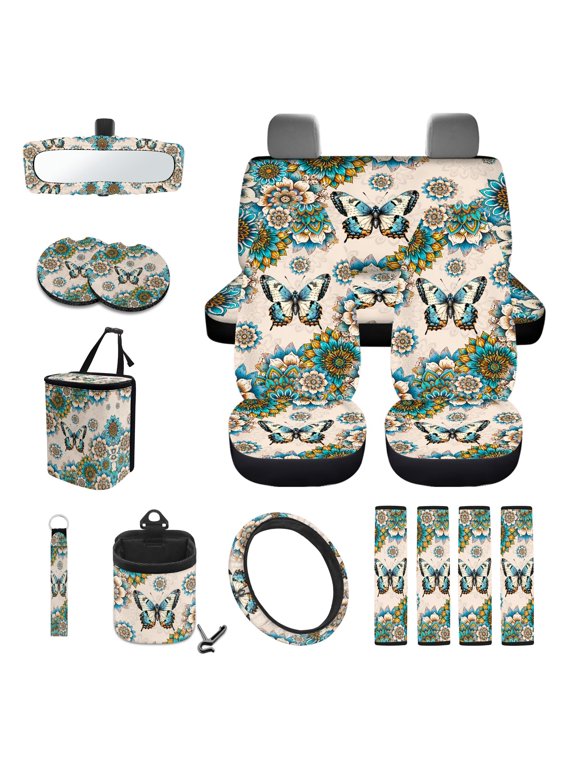 Butterfly Print Car Seat Covers Full Set Boho Mandala Flower Print Car Front Rear Seat Covers Steering Wheel Cover Safety Belt Pads Rearview Mirror Cover Garbage Bag Cup Coasters