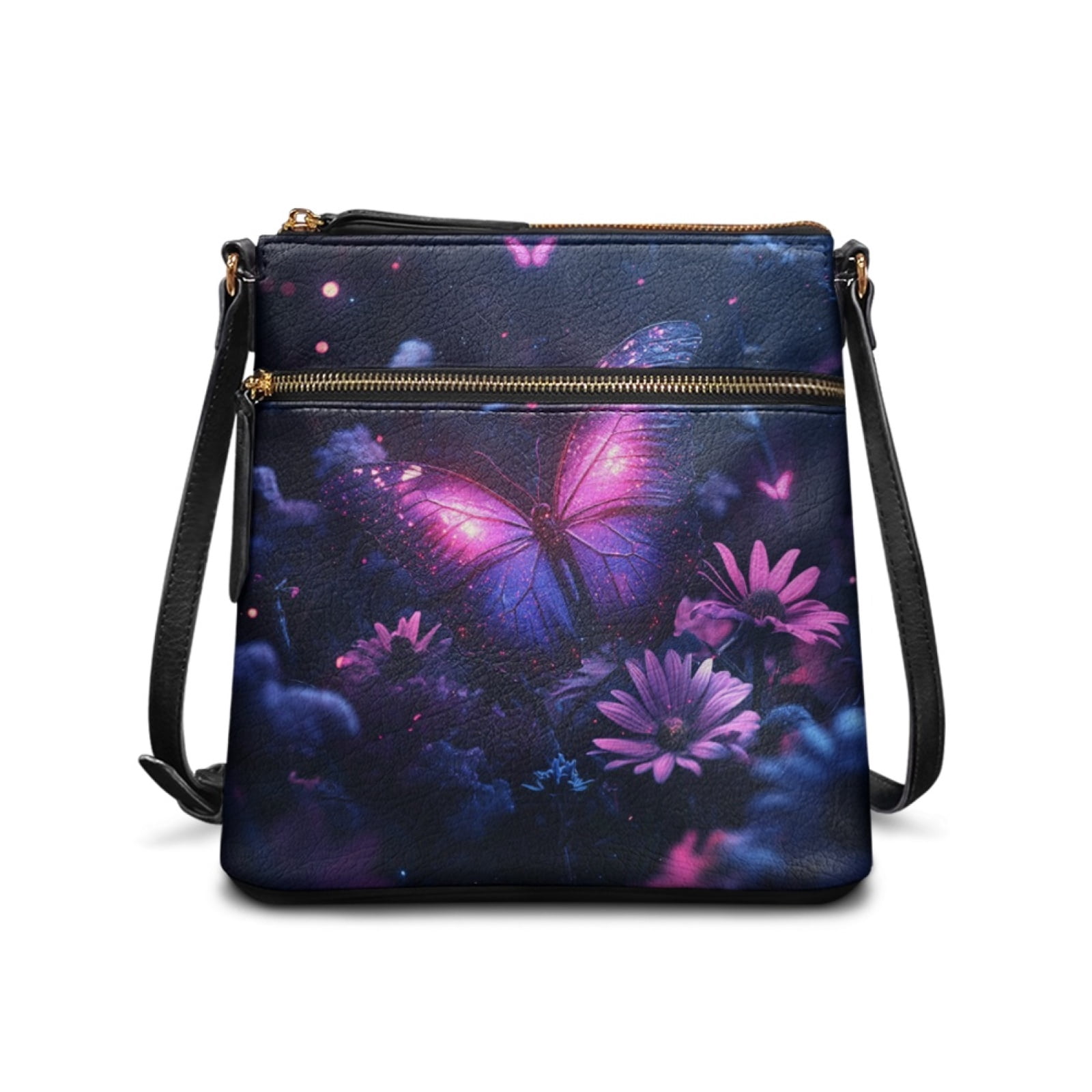 LedBack Butterfly Print Crossbody Bags for Women Leather Cross Body Purses Shoulder Bag Medium Size Satchel Purse Hobo Bag with Zipper Pocket, Purple