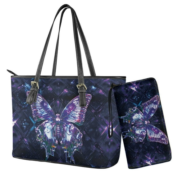 LedBack Butterfly Print Handbag and Wallet Set for Women Leather Purses Top Handle Handbags with Matching Purse 2 Pcs Womens Wallet and Purse Set, Purple