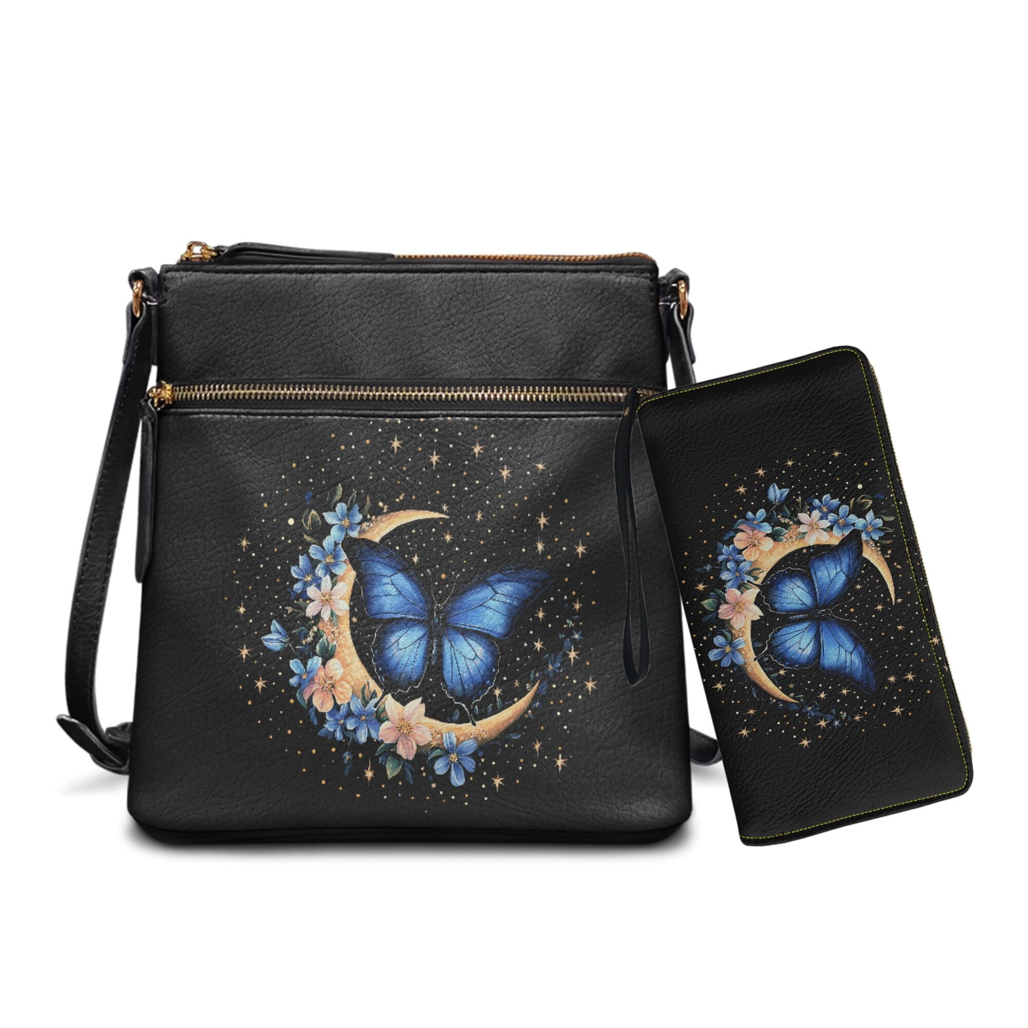LedBack Butterfly Print Zipper Hobo Bag Wallet Set 2 Pcs Handbag and Wallet Set for Women, Leather Crossbody Satchel Purse Shoulder Handbag Messenger Purse, Black