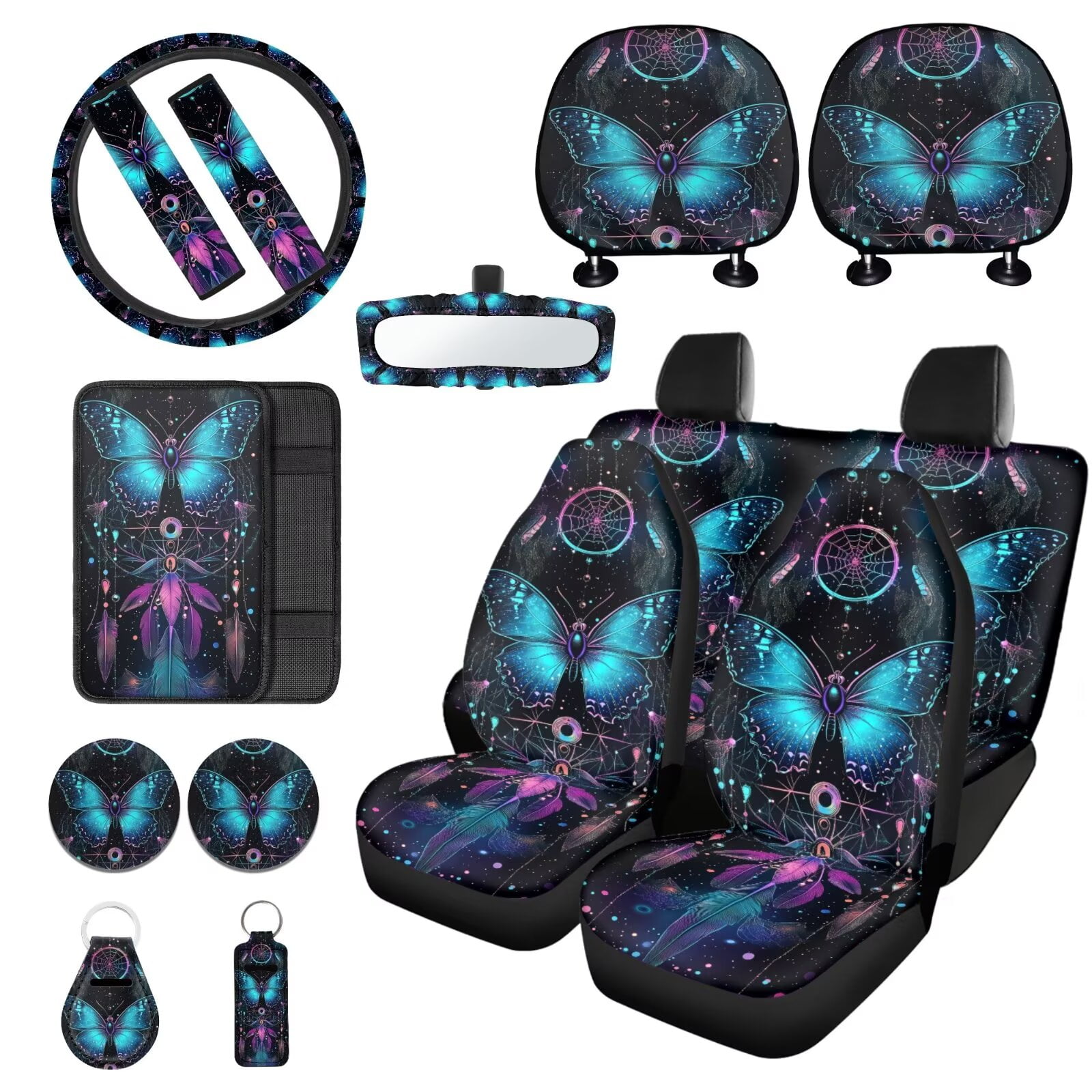 LedBack Butterfly Printed Auto Seat Protector Dreamcatcher Printed Car Seat Cover Full Set Steering Wheel Covers Seat Belt Strap Cover Car Headrest Covers Auto Accessories for Men Women, 15 Pcs