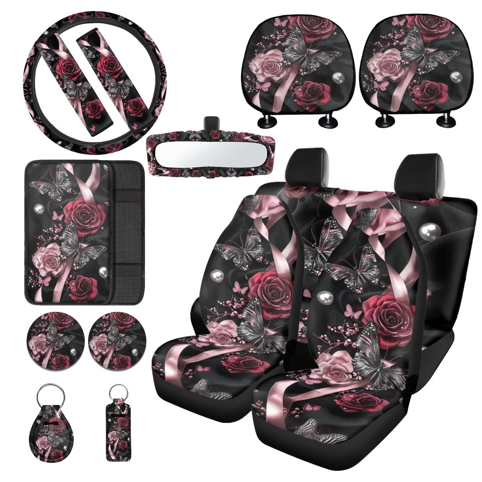 LedBack Butterfly Printed Car Seat Covers Full Set for Women Men Rose Printed Steering Wheel Covers Car Seat Belt Pads Armrest Pad Covers Car Mirror Accessories, 15 Pcs Car Accessories