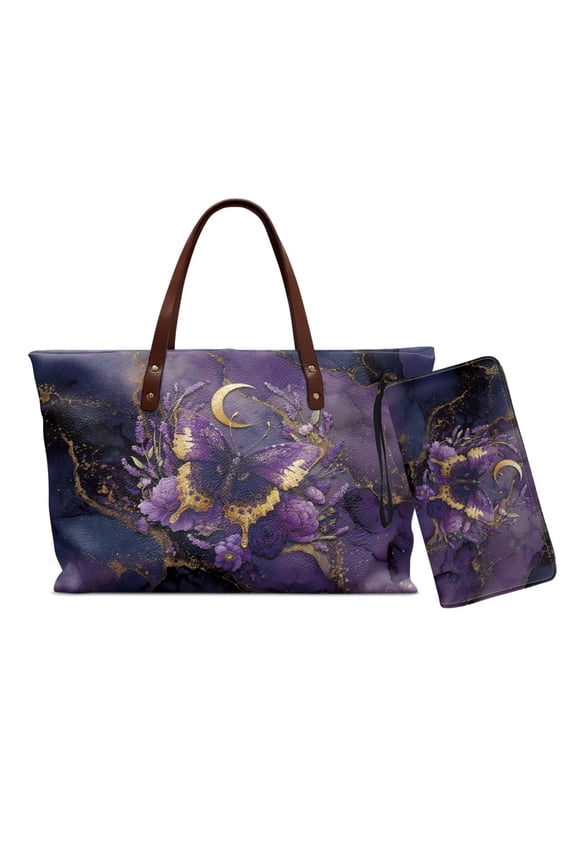 Butterfly Printed Handbag and Wallet Set Waterproof Peony Marble Print Top Handle Tote Bag Shoulder Purse with Matching Wallet Lightweight Shoulder Bag Satchel Purses, Purple