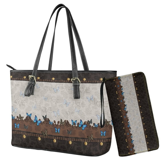 LedBack Butterfly Printed Handbag and Wallet Set Top Handle Shoulder Bag with Matching Wallet Leather Purses for Women Bucket Totes Hobo Bag, Brown