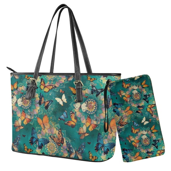LedBack Butterfly Printed Wallet and Purse Set Boho Mandala Print Leahter Top Handle Handbag with Wristlet Wallet Set Womens Tote Bag Hobo Handbag for Travel Walking, Green