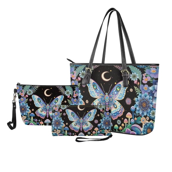 LedBack Butterfly Printed Wallet and Purse Set Boho Mandala Printed Tote Bag Handbags Set with Matching Wallet Cosmetic Purses for Women Ladies 3 Pcs Shoulder Bag Set, Blue