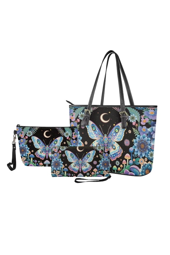 Butterfly Printed Wallet and Purse Set Boho Mandala Printed Tote Bag Handbags Set with Matching Wallet Cosmetic Purses for Women Ladies 3 Pcs Shoulder Bag Set, Blue