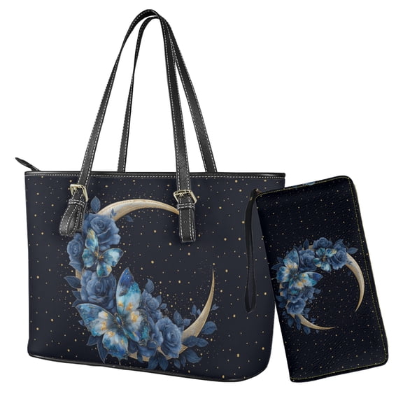 LedBack Butterfly Rose Moon Printed Handbag Set Leather Purses for Women Waterproof Handbag and Wallet Set Top Handle Shoulder Bag with Matching Wallet, Black and Blue