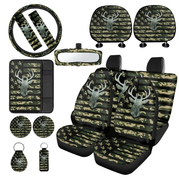 LedBack Camo Deer Printed Car Seat Cover Full Set with Steering Wheel Covers Non Slip Auto Seat Belt Cover Waterproof Lipstick Holder Keychain Headrest Covers Car Accessories, 15 Pack