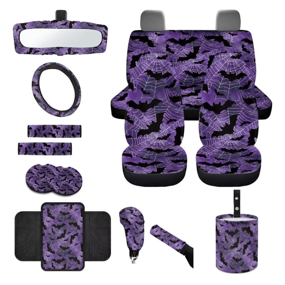 LedBack Car Seat Covers Full Set Bat Spider Web Print Car Front Rear Seat Covers Steering Wheel Cover Center Console Pad Safety Belt Pads Garbage Bag Rear View Mirror Protector Cup Mats