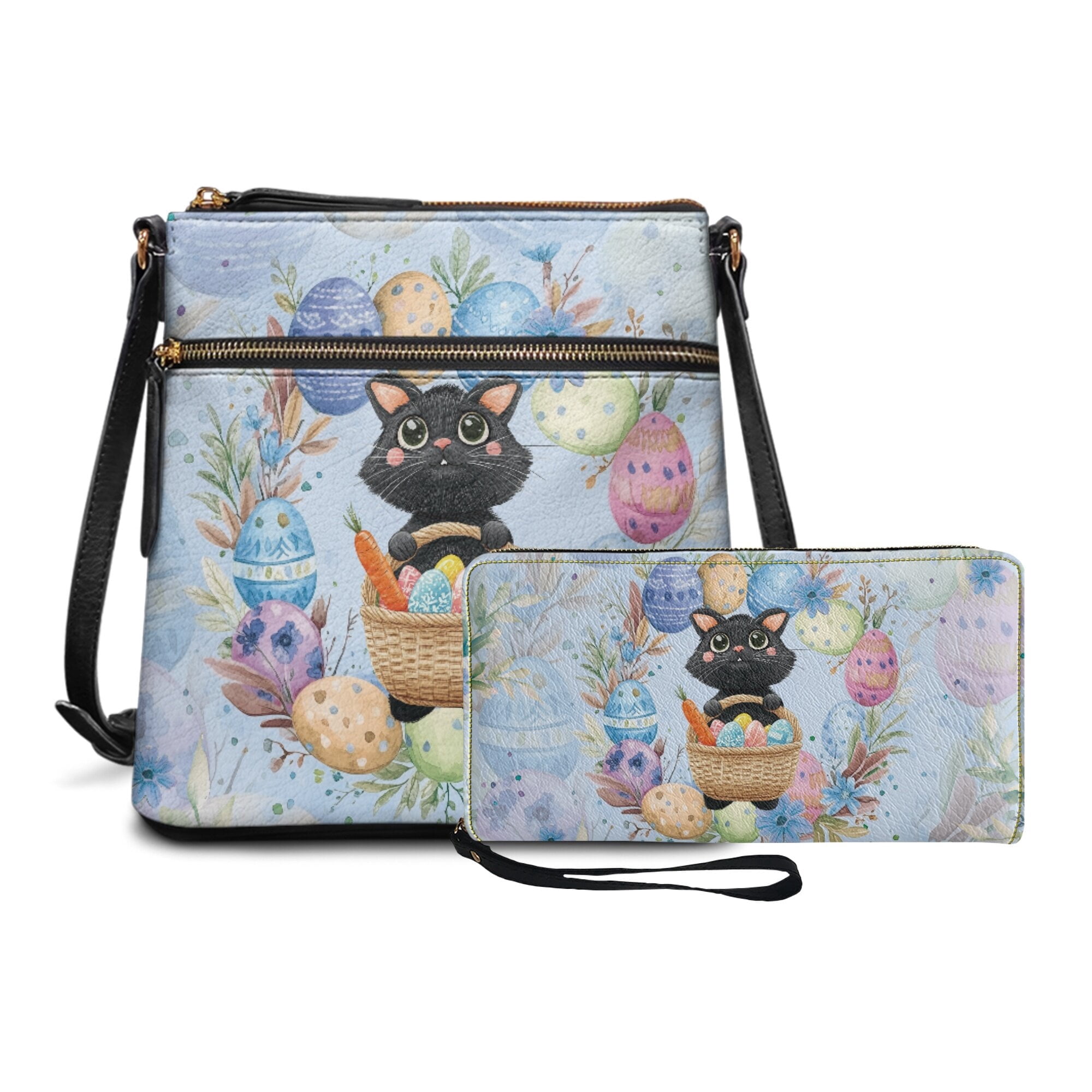 LedBack Cat Leather Satchel Purse Set for Women Easter Eggs Crossbody Purse Cute Cartoon Shoulder Hobo Bag with PU Leather Wallet for Lady, Gift for Women, Blue