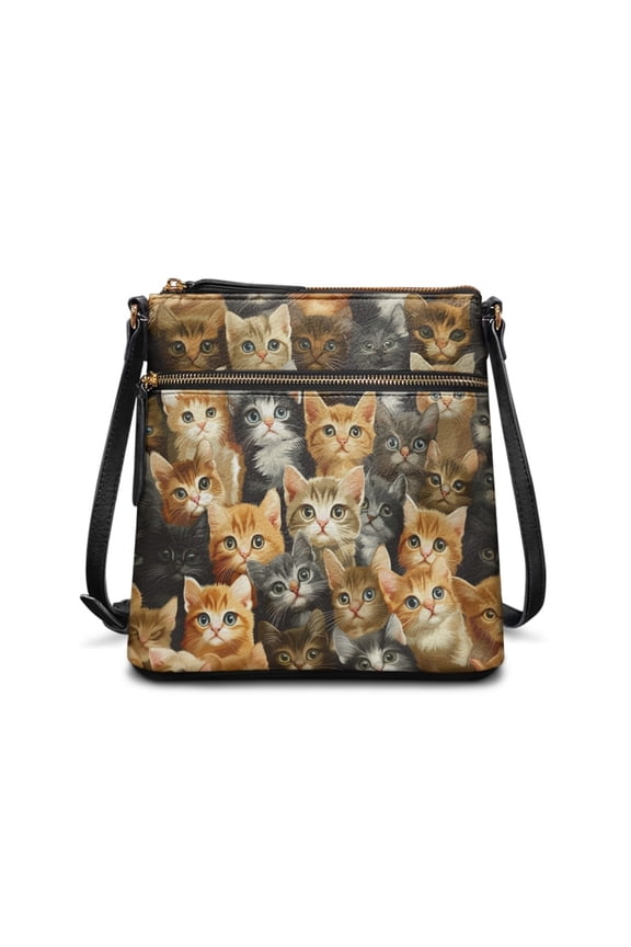 Cat Print Women Crossbody Satchel Purse Zipper Hobo Bag Sling Messenger Bag with Adjustable Strap for Travel Daily Use, Brown