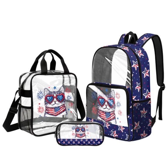 LedBack Cat Printed Clear Backpack Set for Teens 3 Pcs American Flag Transparent PVC Bookbag with Lunch Bag and Pencil Case for Girls Cute See Through Backpack for School Travel Work Concerts