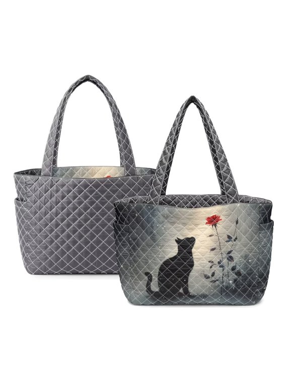 Cat Rose Print Tote Bag for Women Quilted Hobo Handbag with Side Pockets Reversible Satchel Shoulder Purse for Daily Use