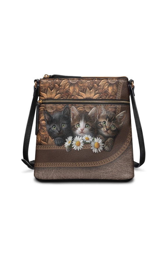 Cat Sunflower Leather Sling Hobo Purse for Women Crossbody Bag Satchel Bag Shoulder Handbag with Zipper Pockets and Adjustable Strap, Brown