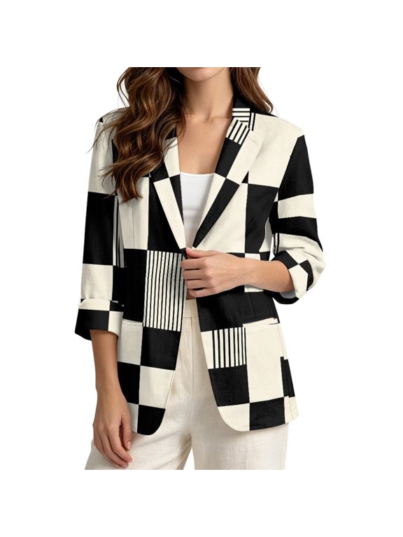 Checkered Blazers for Women 1 Button Slim Fit Suit Blazer Jacket with Pocket Linen-Style Suit Jacket for Travel Work Office, S