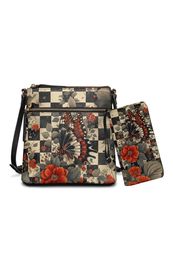 Checkered Butterfly Hobo Bag and Wallet Set for Women Lady, Leather Crossbody Satchel Purse and Wallet Set Multi Pocket Shoulder Messenger Purse with Adjustable Strap, Black