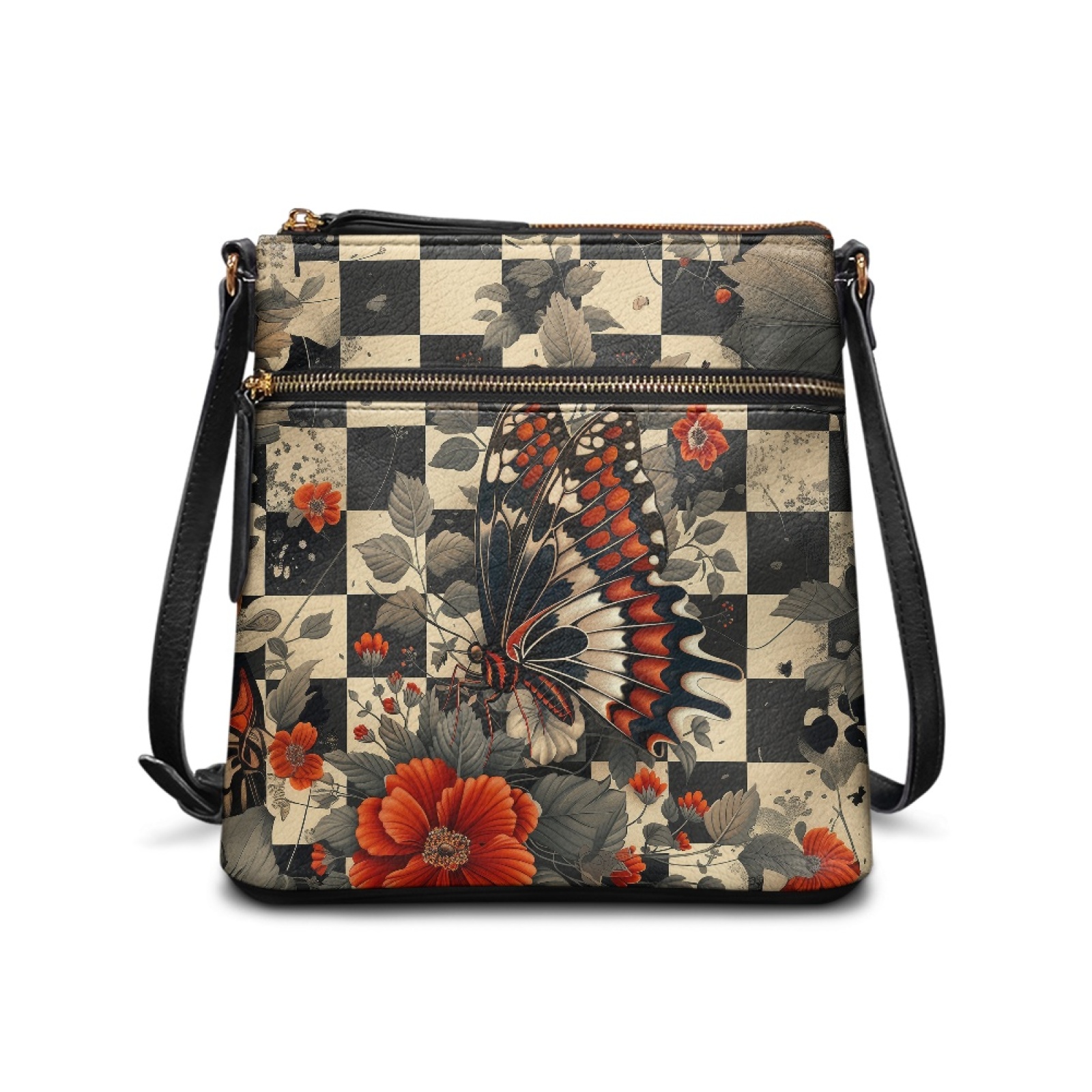 LedBack Checkered Butterfly Print Crossbody Shoulder Bag for Women Leather Satchel Purse Zipper Hobo Bag with Adjustable Strap Women Sling Messenger Bag for Shopping Travel, Black