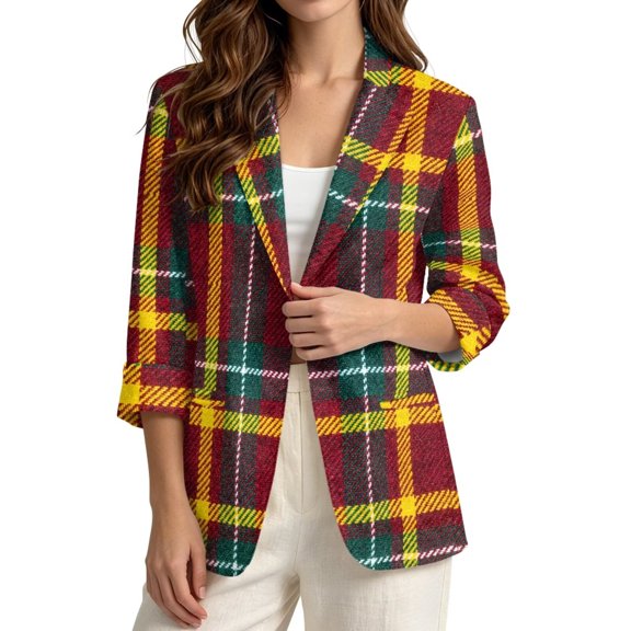 LedBack Checkered Print Blazer Linen-Style Suit Blazer Jacket with 2 Pockets Lightweight 3/4 Sleeve Blazers for Women Business Casual Outfits