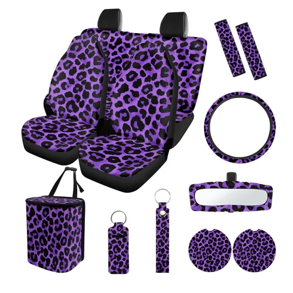 LedBack Cheetah Print 13Pcs Car Interior Cover Set Includes Front and Back Seat Covers Steering Wheel Cover Safety Belt Pads Car Rear View Mirror Protector Cup Coasters for Women Men