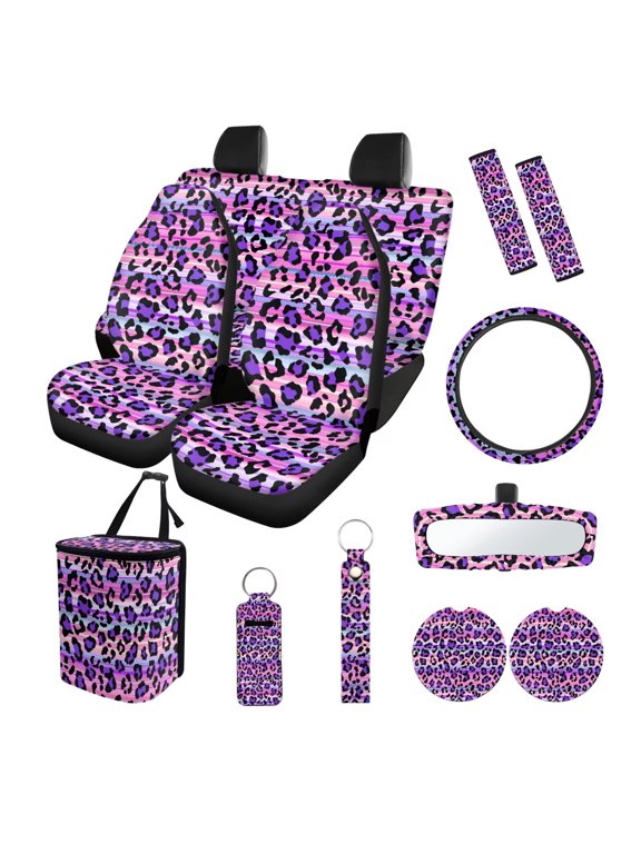 Cheetah Print Automotive Seat Covers & Accessories Full Set of 13 Universal Car Front and Rear Seat Covers with Steering Wheel Cover Safety Belt Pads Inside Rearview Mirror Cover