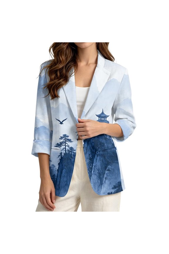 Chinese Style Blazer Jacket Pine Tree Print Blazers for Women Business Casual Suit Jacket 3/4 Sleeve Linen-Style Outfits for Summer Spring, S
