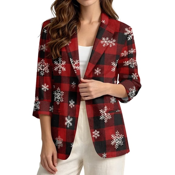 LedBack Christmas Blazer Slim Fit Blazers for Women Snowflake Checkered Print Suit Jacket with Pocket Linen-Style Blazer Jacket for Party