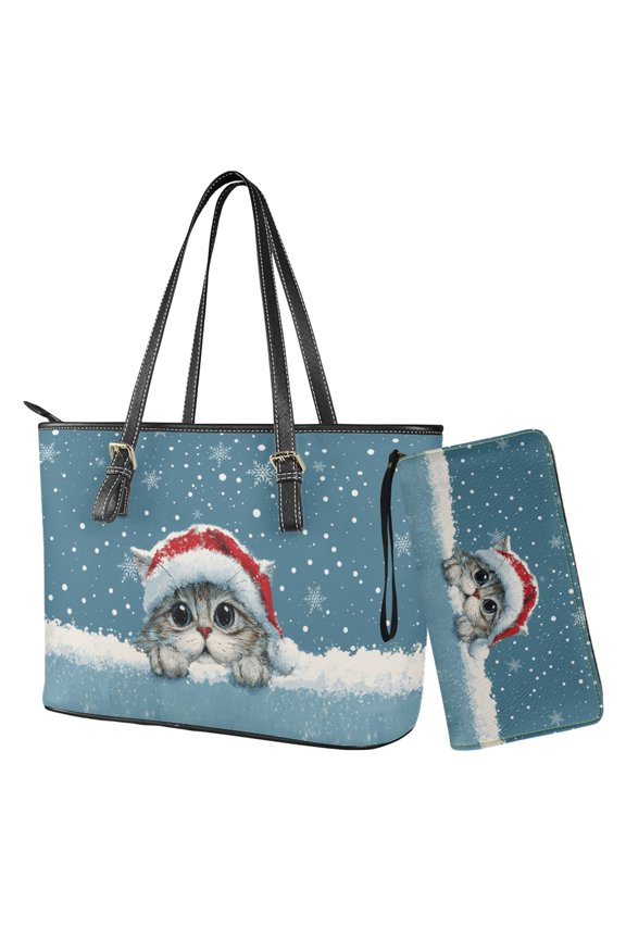 Christmas Cat Print Top Handle Satchel Bags with Wallet for Women Handbag and Wallet Sets Womens Satchel Purse Set Shoulder Purse for Party, Blue