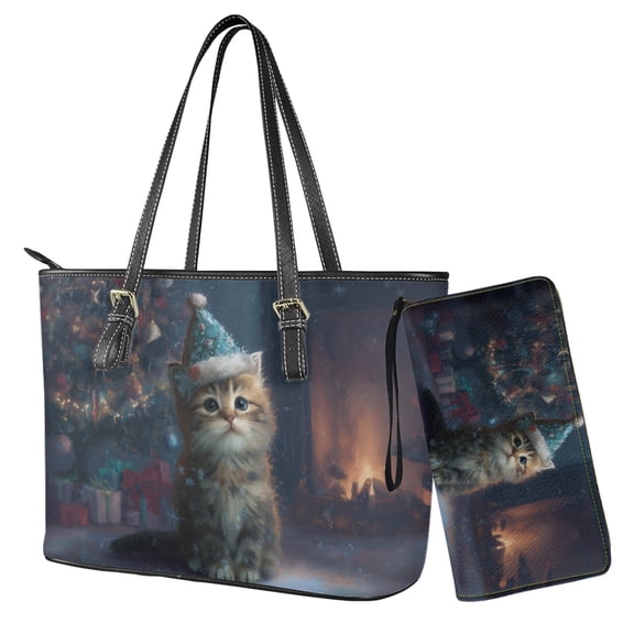 LedBack Christmas Cat Print Tote Bag and Purse Set Womens Handbag with Wallet Set Pu Leather Top Handle Handbag Shoulder Tote Clutch for Ladies Gift for Christmas, Multi