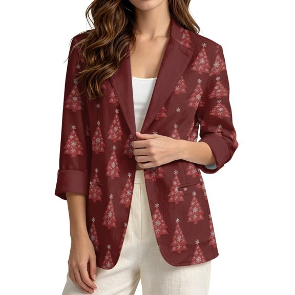 LedBack Christmas Linen-Style Blazer Suit Christmas Tree Print Blazers for Women 3/4 Sleeve Slim Fit Suit Jacket with Side Pocket