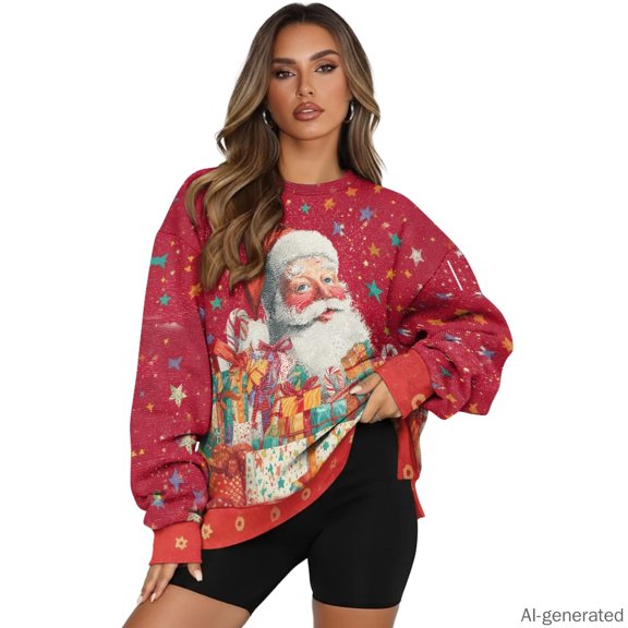 LedBack Christmas Long Sleeve Sweatshirt Featuring Santa Gift Print, Loose Polyester Women Pullover for Casual Daily Wear and Running, Size S
