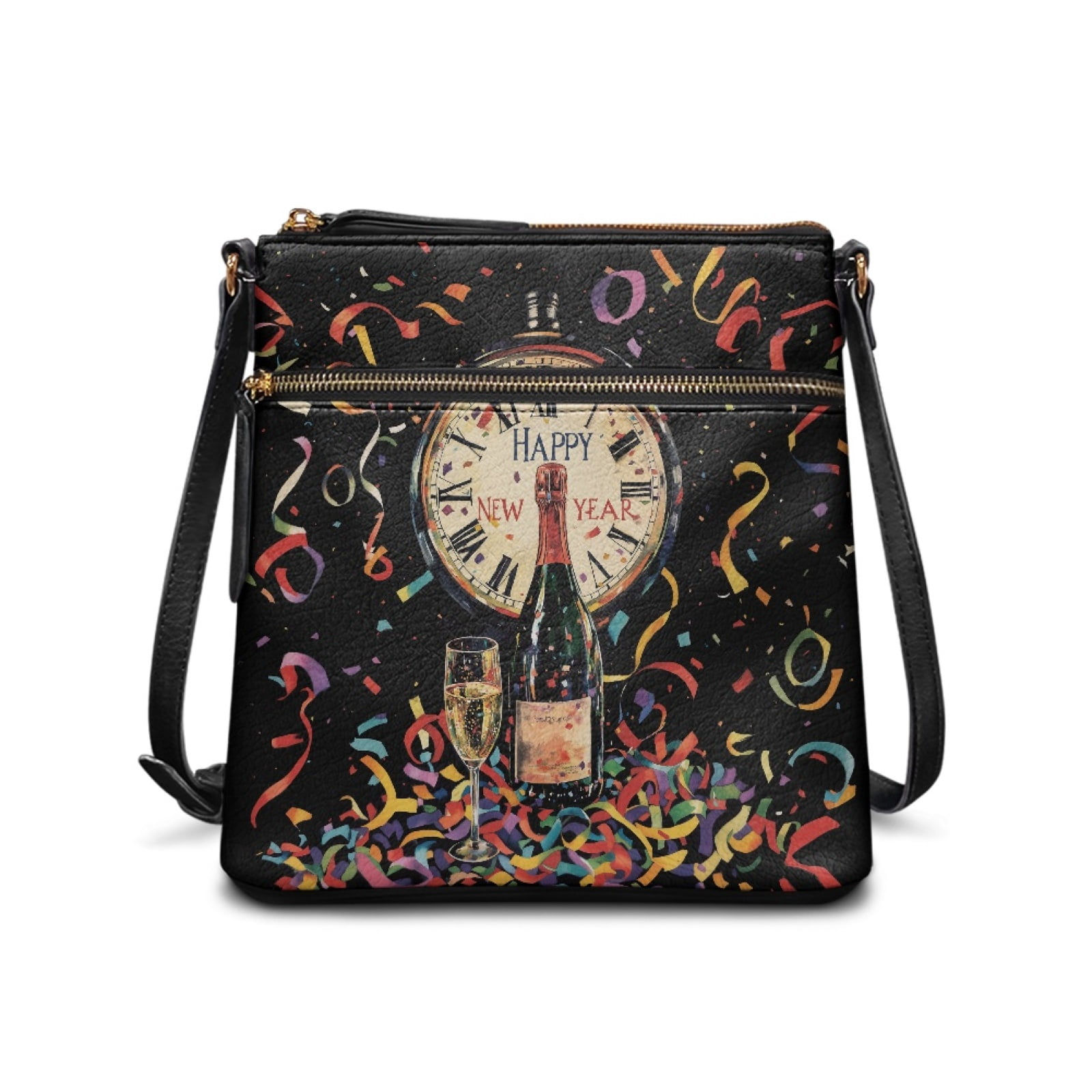 LedBack Clock Print Satchel Purses for Women Medium Size Leather Crossbody Purse Bag with Adjustable Strap, Zipper Shoulder Bag Hobo Bag for Ladies for Travel Shopping (Happy New Year)