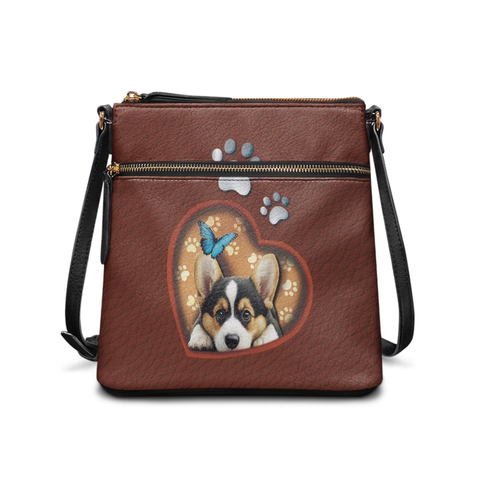 LedBack Corgi Print Leather Shoulder Handbag for Women, Crossbody Sling Hobo Bag Satchel Handbag with Adjustable Strap Casual Messenger Bag for Travel Work, Brown