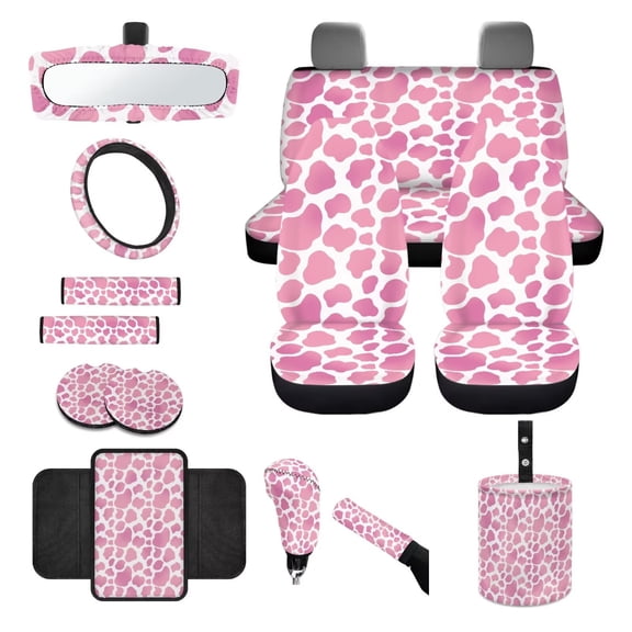 LedBack Cow Print Automotive Seat Covers Full Set of 14, Including Front and Rear Split Bench Seat Cover with Rearview Mirror Cover Center Console Pad Universal Fit Most Vehicle