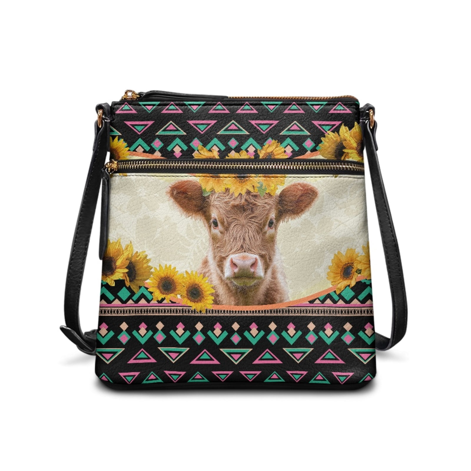 LedBack Cow Print Leather Crossbody Satchel Purse Hobo Bag for Women, Sling Zipper Shoulder Purse Messenger Bag with Adjustable Strap and Zipper Pocket, Black