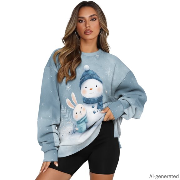 LedBack Crewneck Sweatshirt, Snowman Rabbit Loose Fit Polyester Women Sweatshirt for Winter Daily Wear Running Game Day, Size S