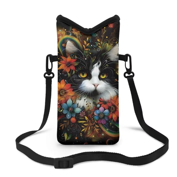 LedBack Crossbody Phone Bag for Woman Cat Flower Print Neoprene Cell Phone Sleeve Pouch Case Bag with Crossbody Strap/Neck Lanyard, 8'' x 4''