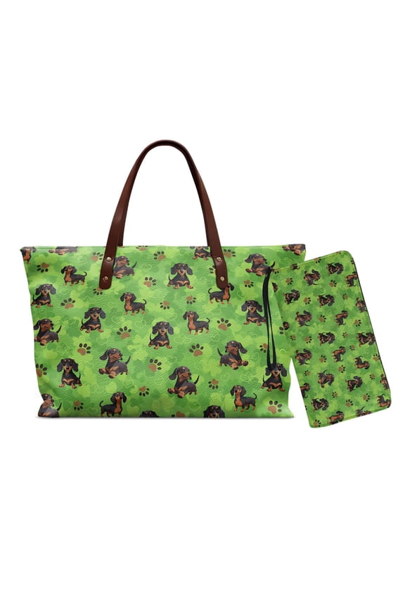 Dachshund Paw Print Handbags Set Womens Top Handle Purse with Matching Wristlet Wallet Zippered Shoulder Bag Tote Purse with Wallet for Travel Party, Green