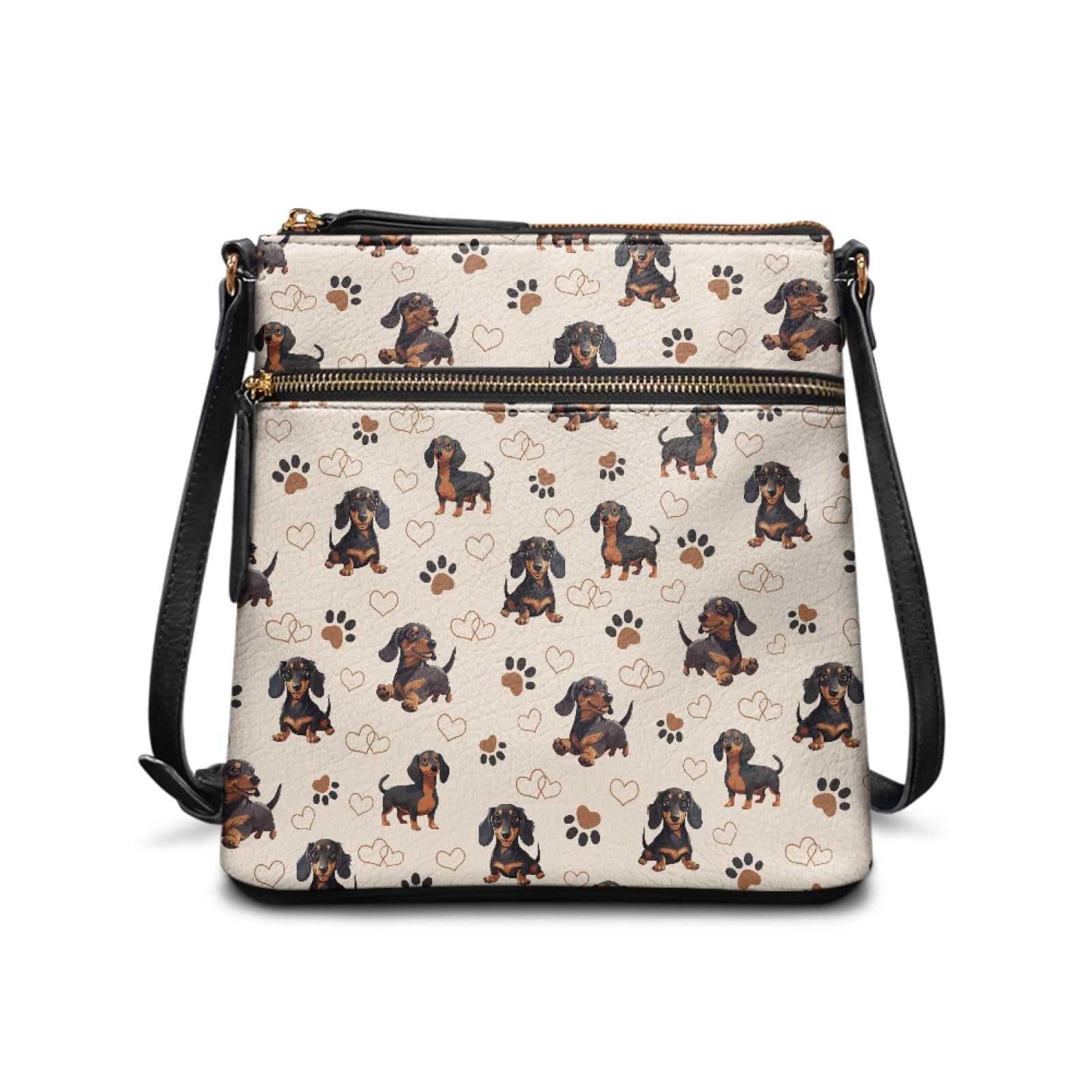 LedBack Dachshund Print Crossbody Satchel Bag for Women Lady, Heart Print Leather Hobo Bag with Adjustable Strap Sling Shoulder Handbag Soft Messenger Bag for Travel Shopping, Beige