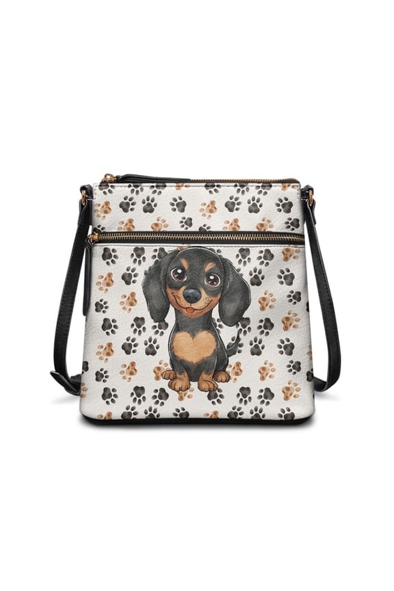 Dachshund Print Women Crossbody Bags Leather Hobo Bag Sling Shoulder Handbag with Adjustable Strap, Portable Satchel Purse Bag with Zipper Pockets for Shopping Work, White